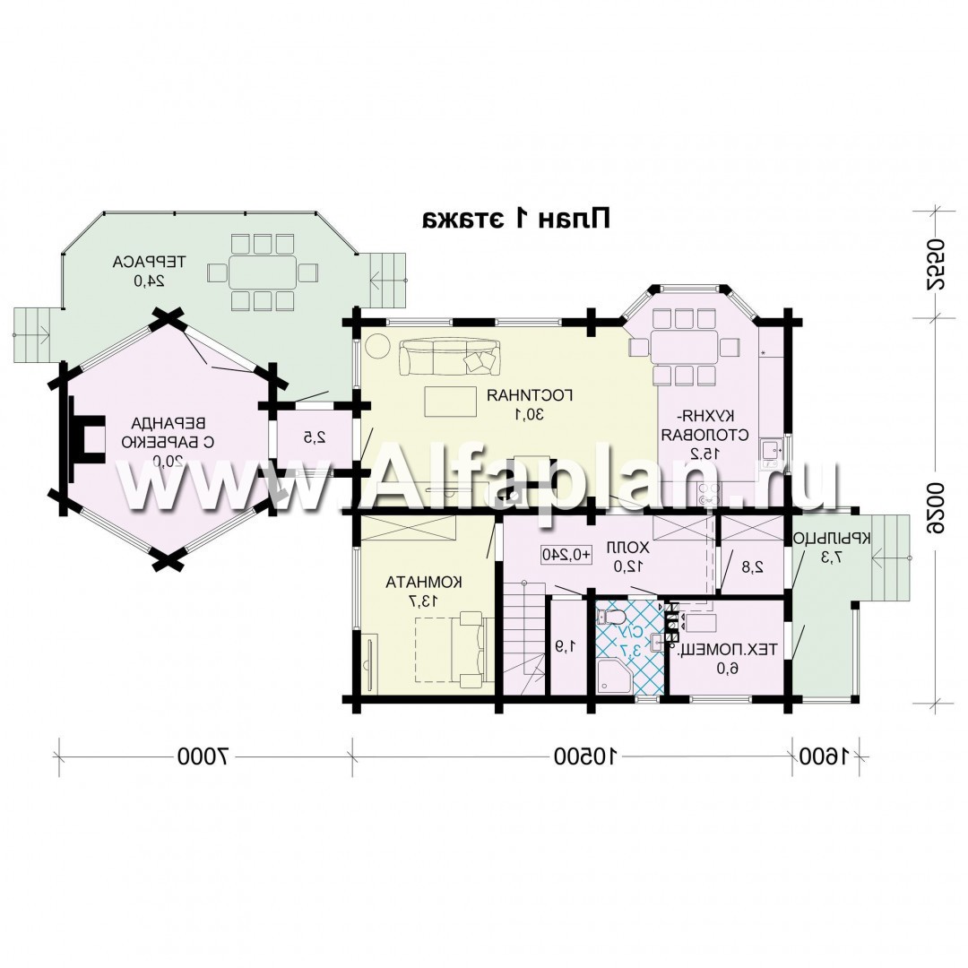 Проекты домов Альфаплан - Проект деревянного дома с уютной беседкой-барбекю - изображение плана проекта №1
