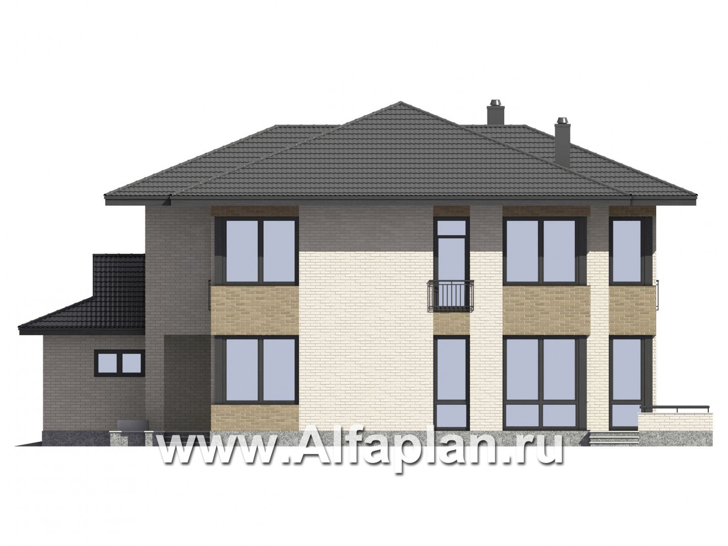 Проекты домов Альфаплан - Проект двухэтажного  дома с угловым остеклением - изображение фасада №2