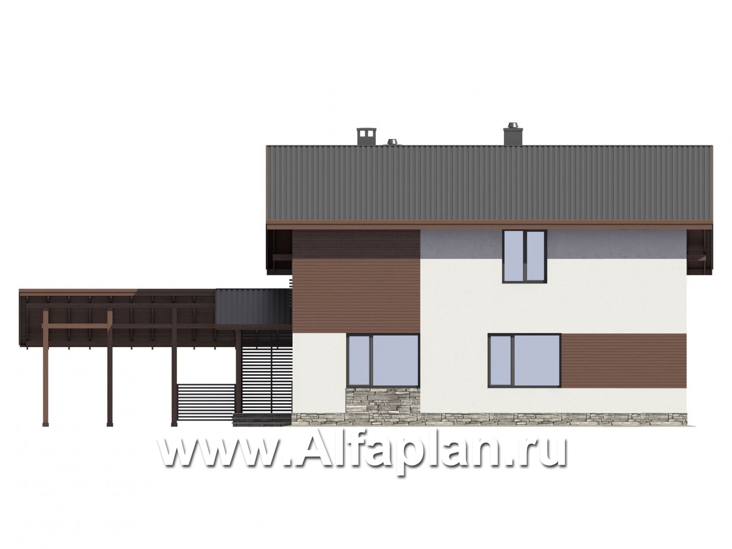 Проекты домов Альфаплан - Проект экономичного и компактного дома с навесом для авто - изображение фасада №2
