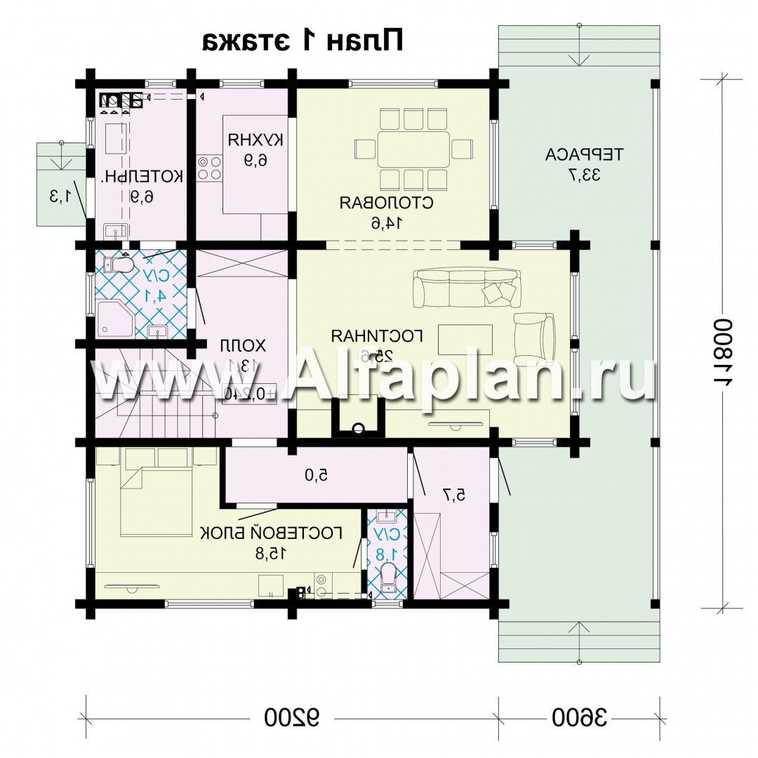 Проекты домов Альфаплан - Проект деревянного дома с гостевым блоком - план проекта №1
