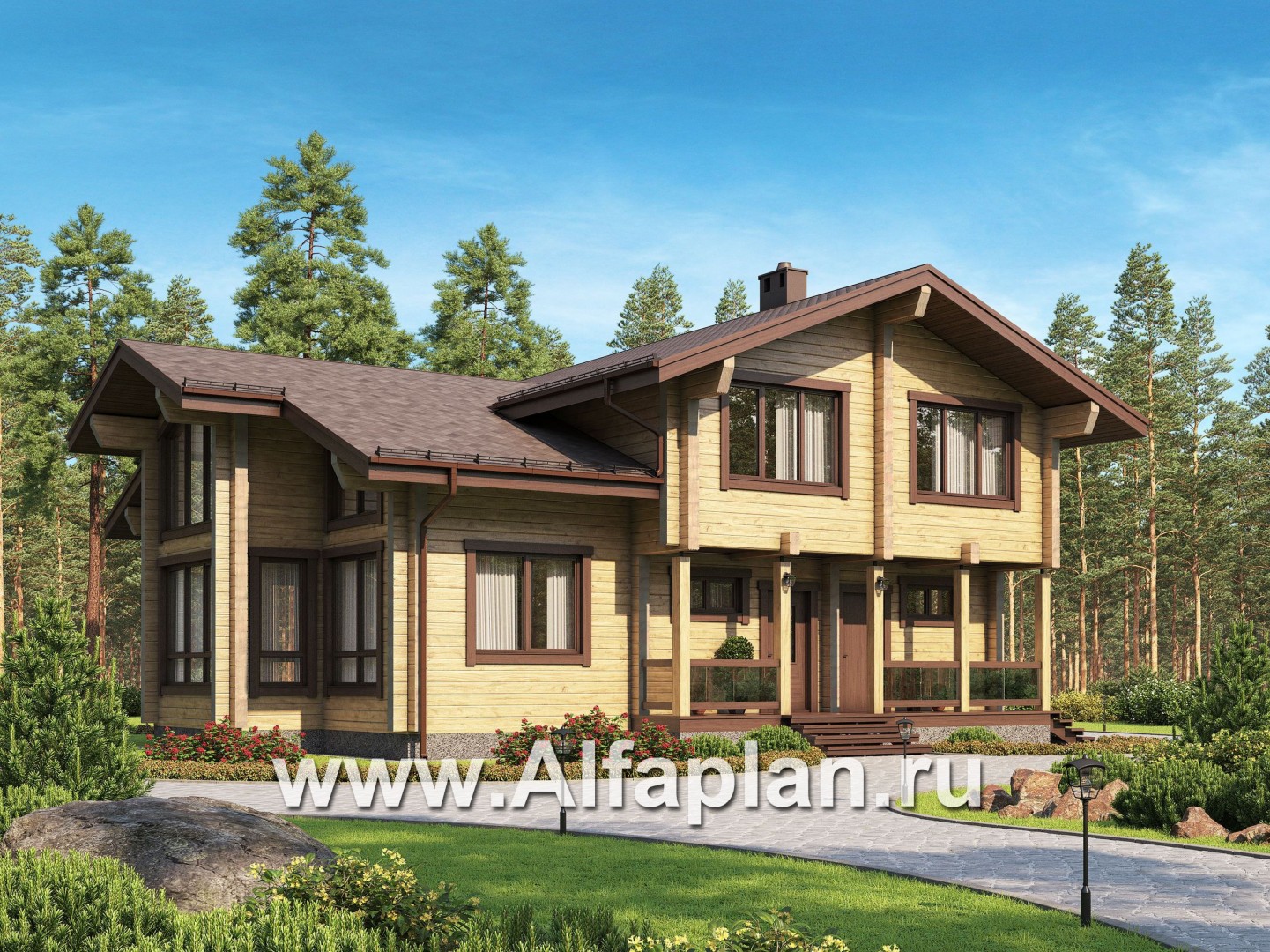 Проекты домов Альфаплан - Проект дома из бруса с красивой двусветной гостиной - основное изображение