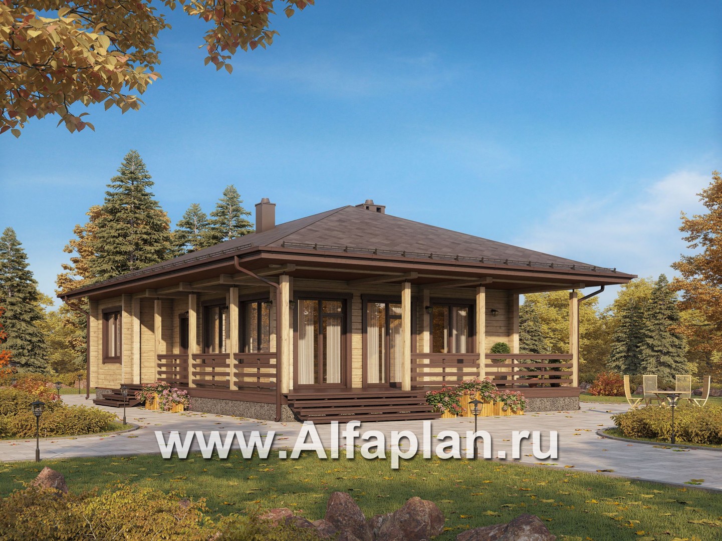 Проекты домов Альфаплан - Проект удобной дачи с большой террасой - основное изображение