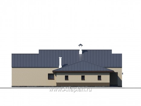 «Аркада» - проект одноэтажного дома, современный стиль, барнхаус, с террасой, сауной и с гаражом - превью фасада дома