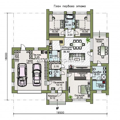 «Аркада» - проект одноэтажного дома, современный стиль, барнхаус, с террасой, сауной и с гаражом - превью план дома