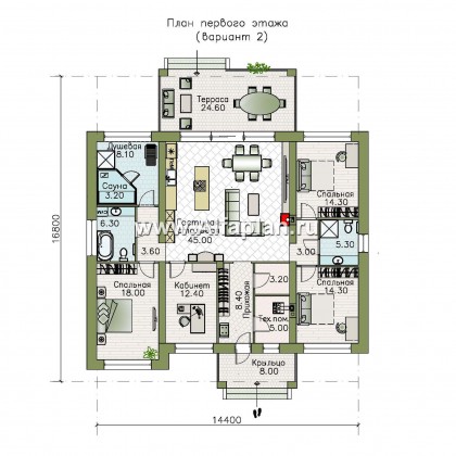 Проекты домов Альфаплан - «Зодиак» - одноэтажный коттедж с пятью жилыми комнатами - превью плана проекта №2