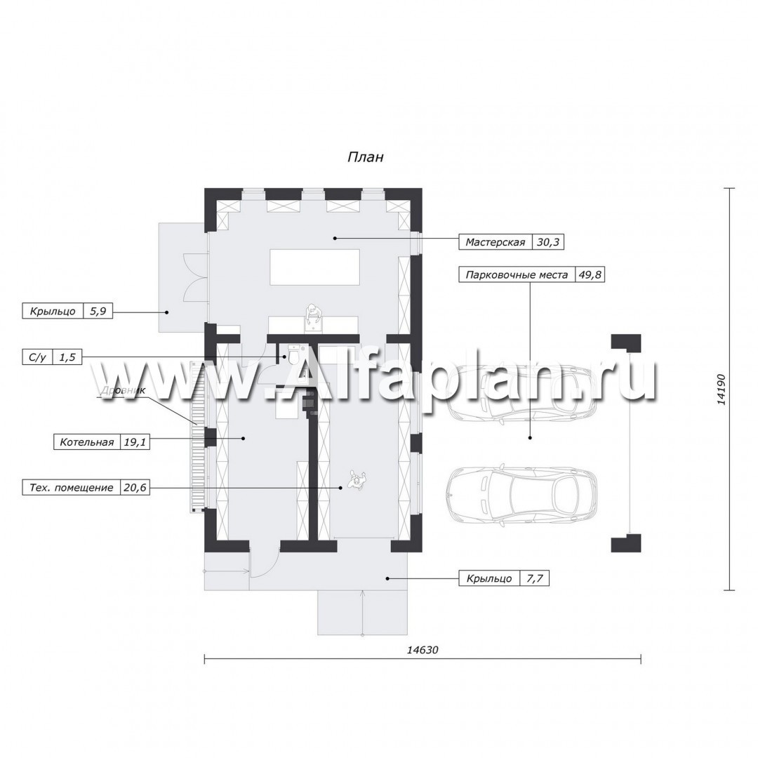 Проект хозблока с котельной и мастерской, с навесом на 2 авто - план дома