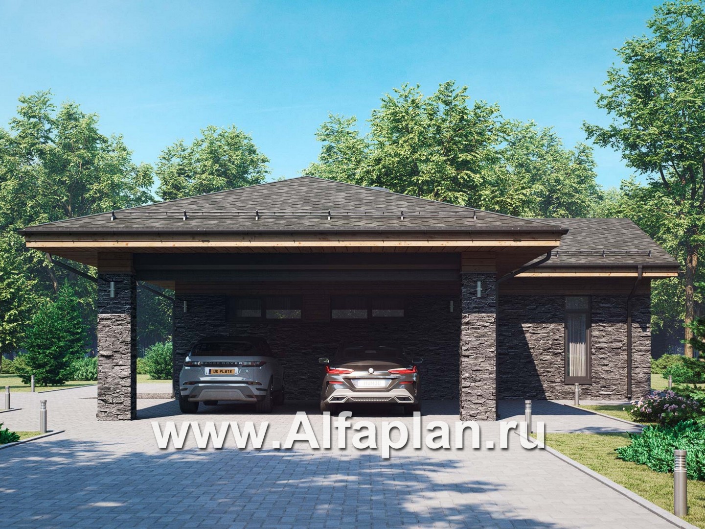 Проект хозблока с котельной и мастерской, с навесом на 2 авто - дизайн дома №3