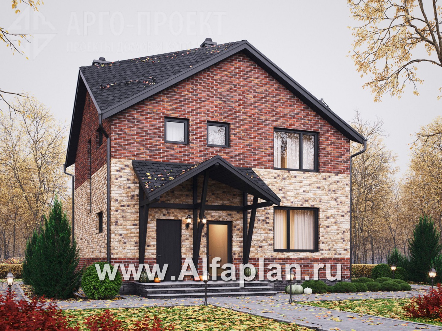 Проект двухэтажного дома, с кабинетом на 1 эт и с террасой, для маленького  участка, с шатровой крышей - дизайн дома №1