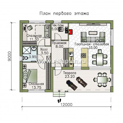 Проекты домов Альфаплан - «Бета» - стильный каркасный коттедж с террасой - превью плана проекта №1