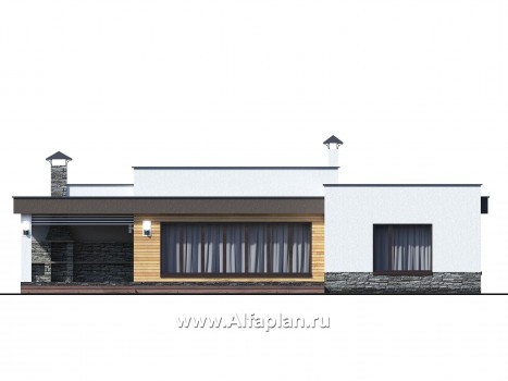«Ниагара» - проект одноэтажного дома из газобетона, в стиле хай-тек, с террасой и с плоской кровлей - превью фасада дома