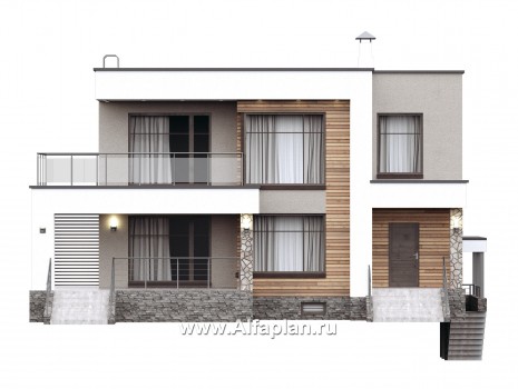 «Серотонин» - проект двухэтажного дома, в стиле хай-тек, с террасой и балконом, с цокольным этажом - превью фасада дома