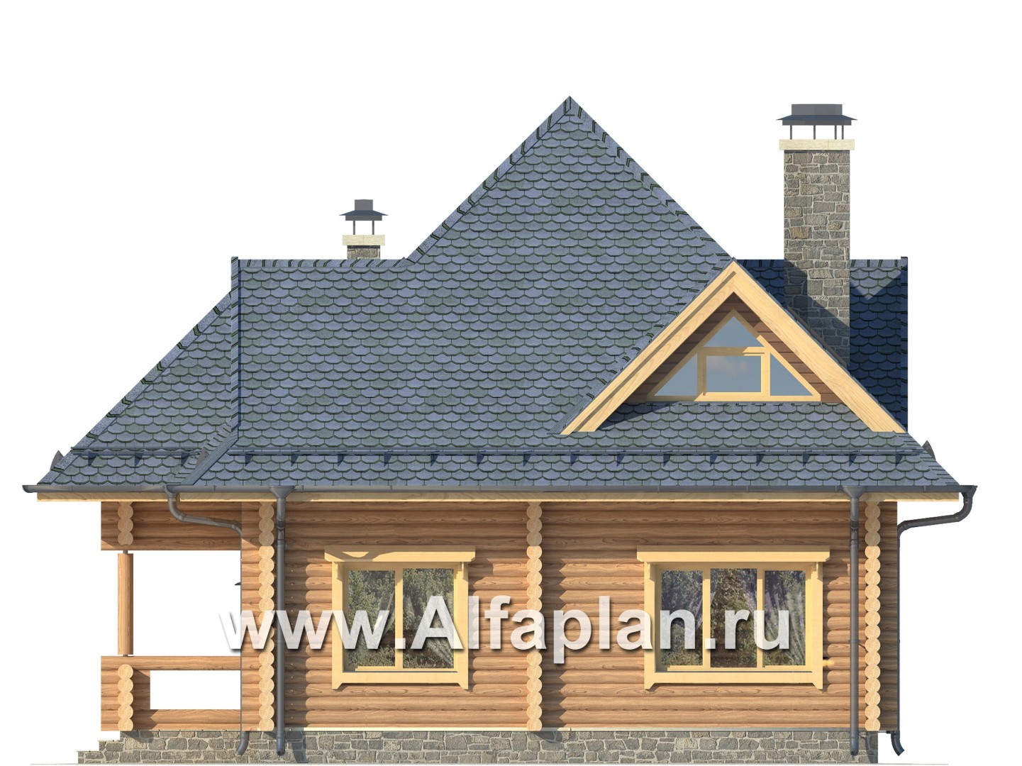 Проекты домов Альфаплан - Одноэтажный дом из бревен с мансардой - изображение фасада №2