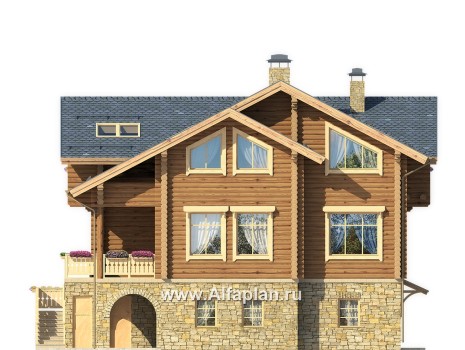 «Традиция» - проект дом с мансардой из бревен, на каменном цоколе,  для участков с рельефом - превью фасада дома