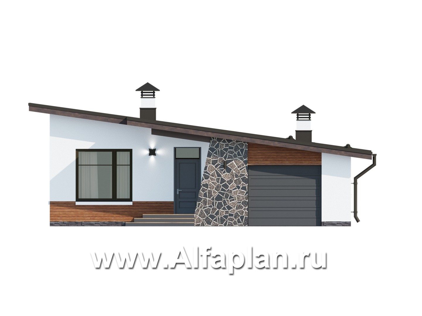 Проекты домов Альфаплан - Проект одноэтажного дома из газобетона, с гаражом - изображение фасада №1