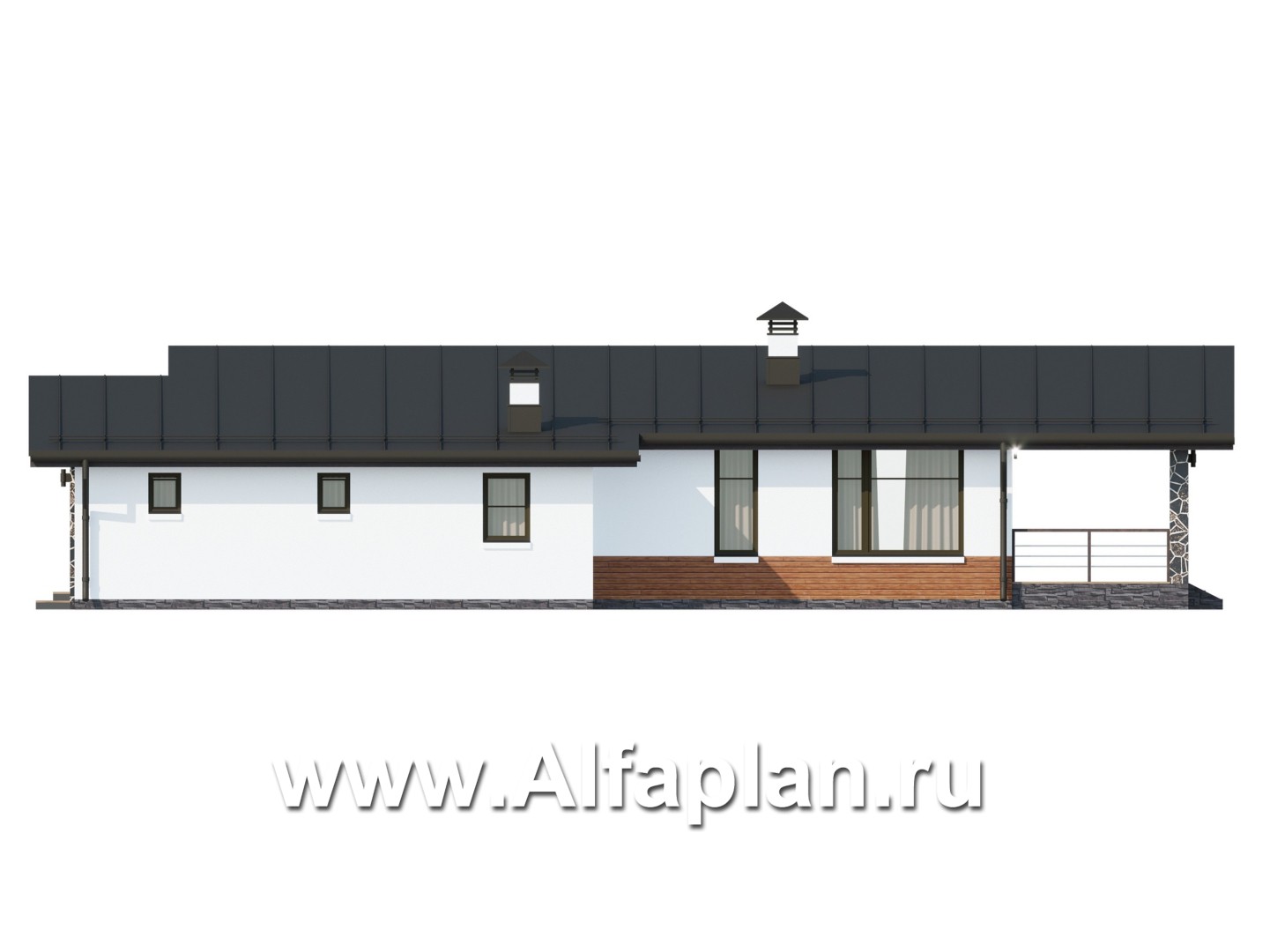 Проекты домов Альфаплан - Проект одноэтажного дома из газобетона, с гаражом - изображение фасада №2