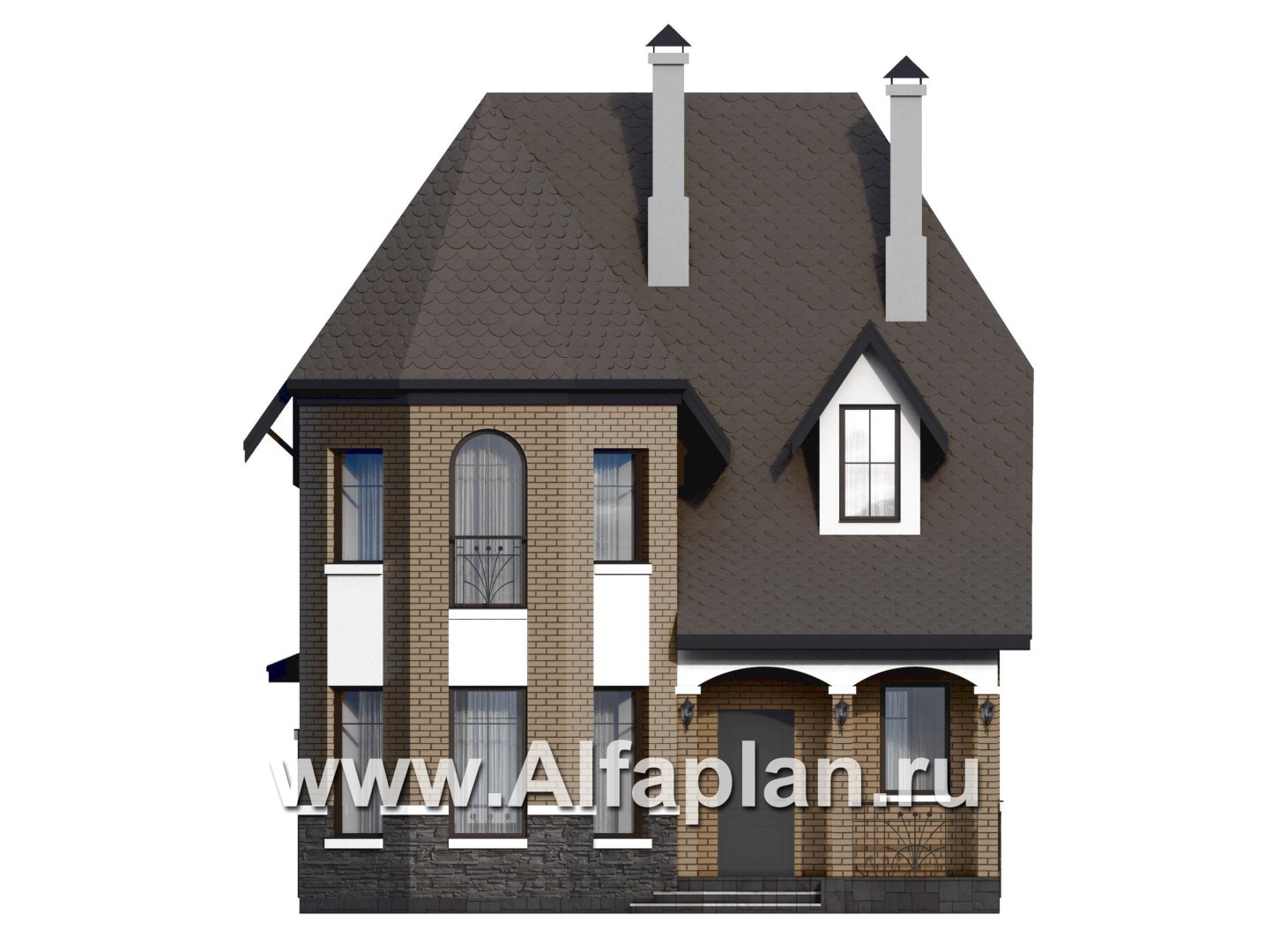 «Аврора» - проект двухэтажного дома из газобетона с эркером, с кабинетом и с террасой - фасад дома