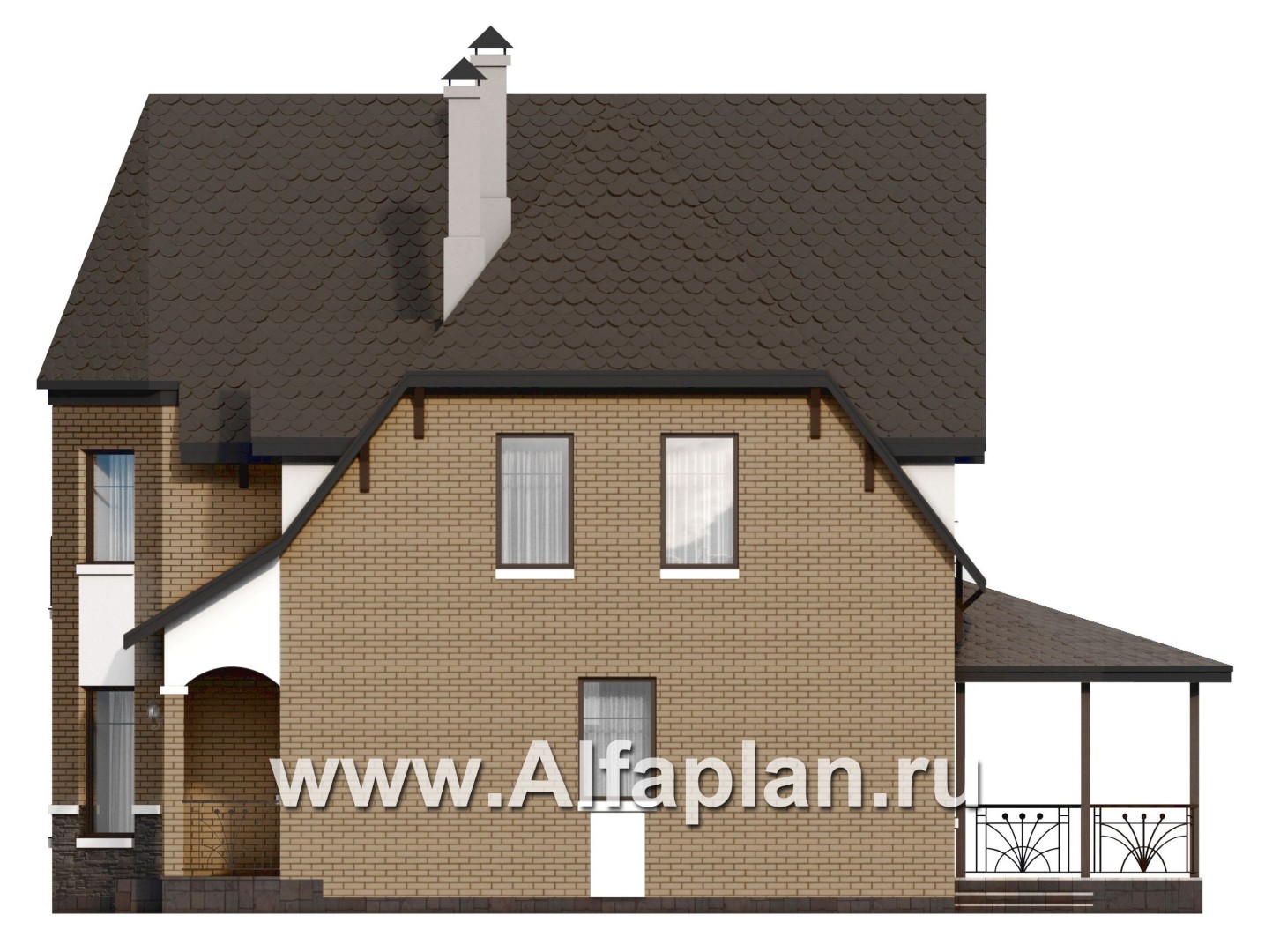 «Аврора» - проект двухэтажного дома из газобетона с эркером, с кабинетом и с террасой - фасад дома