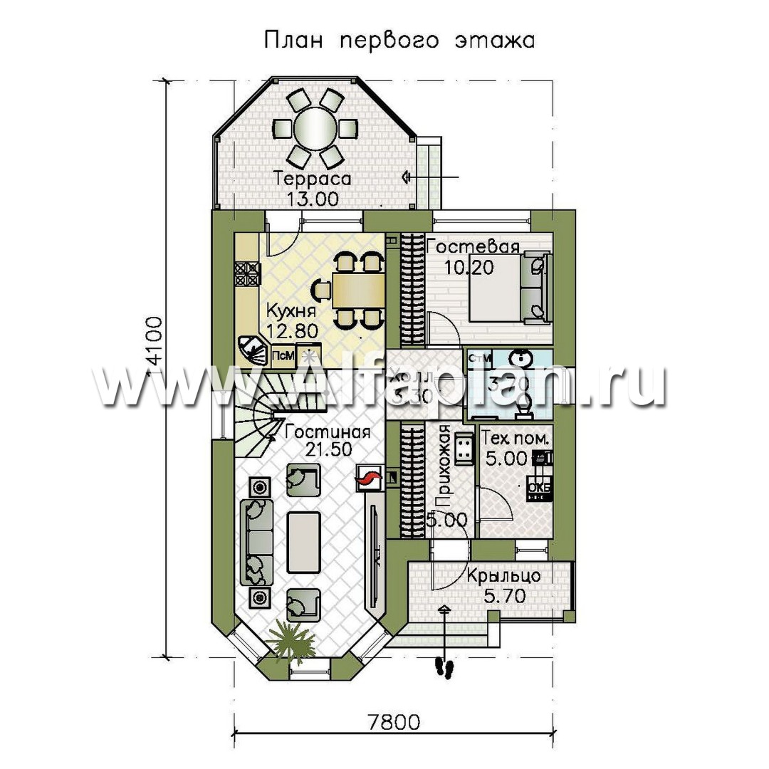 «Аврора» - проект двухэтажного дома из газобетона с эркером, с кабинетом и с террасой - план дома