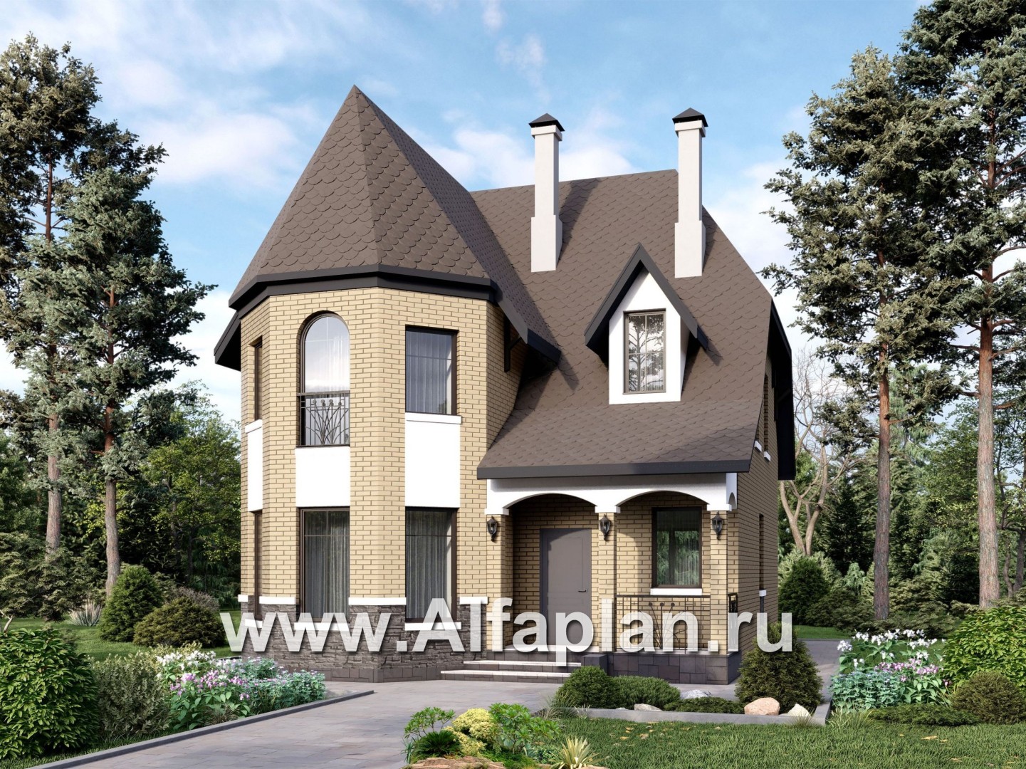 «Аврора» - проект двухэтажного дома из газобетона с эркером, с кабинетом и с террасой - основное изображение