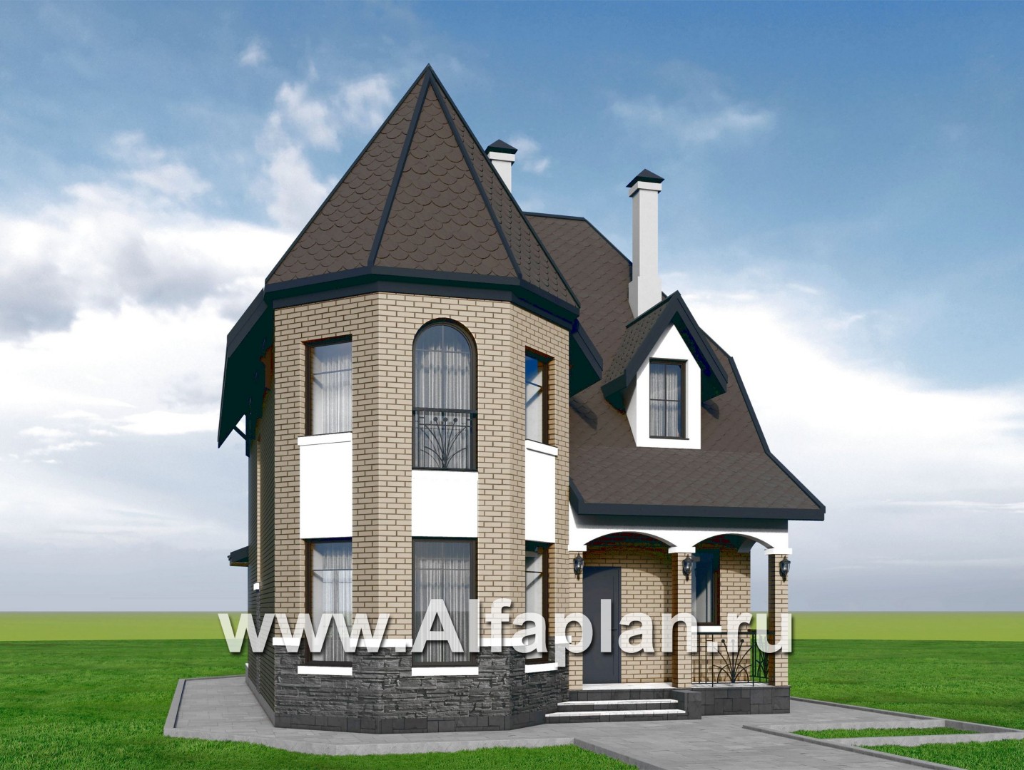 «Аврора» - проект двухэтажного дома из газобетона с эркером, с кабинетом и с террасой - дизайн дома №1