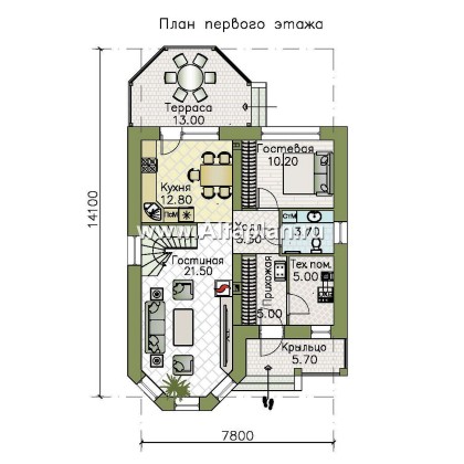 «Аврора» - проект двухэтажного дома из газобетона с эркером, с кабинетом и с террасой - превью план дома