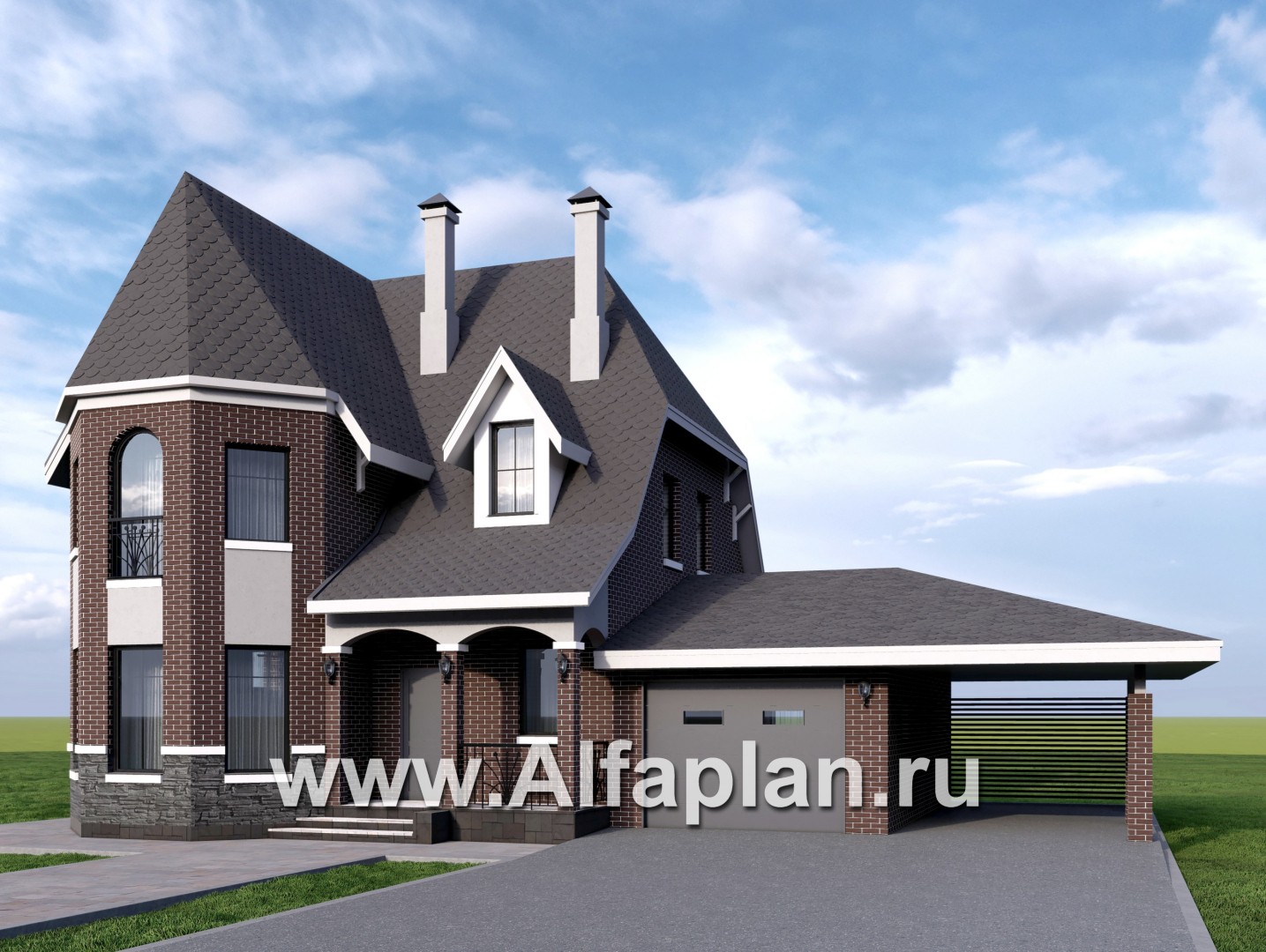 «Аврора» - проект двухэтажного дома из газобетона с эркером, с кабинетом, с террасой и гаражом - дизайн дома №1