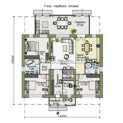 «Симплекс» -  проект одноэтажного дома из газобетона, с террасой, с двускатной крышей - превью план дома