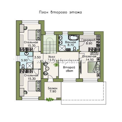 «Ренуар» - проект двухэтажного дома, планировка с двумя спальнями на 1 эт и вторым светом, фасад штукатурка - превью план дома