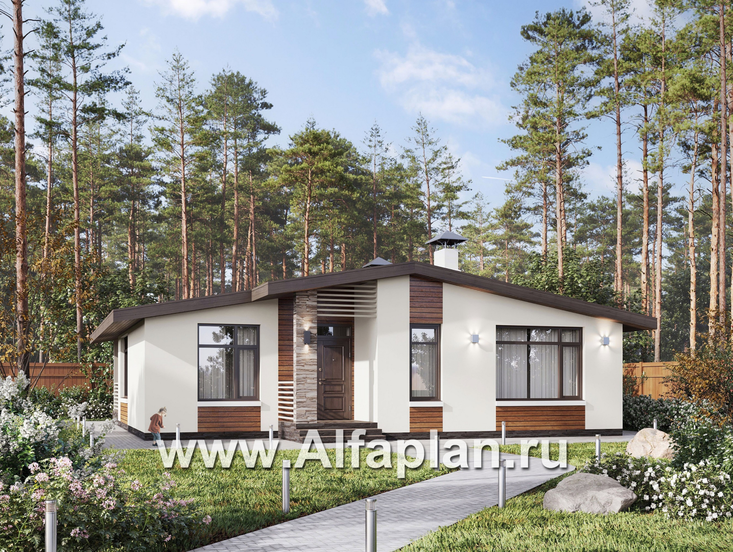 «Перламутр» - проект одноэтажного дома из газобетона, с террасой, 2 спальни - основное изображение