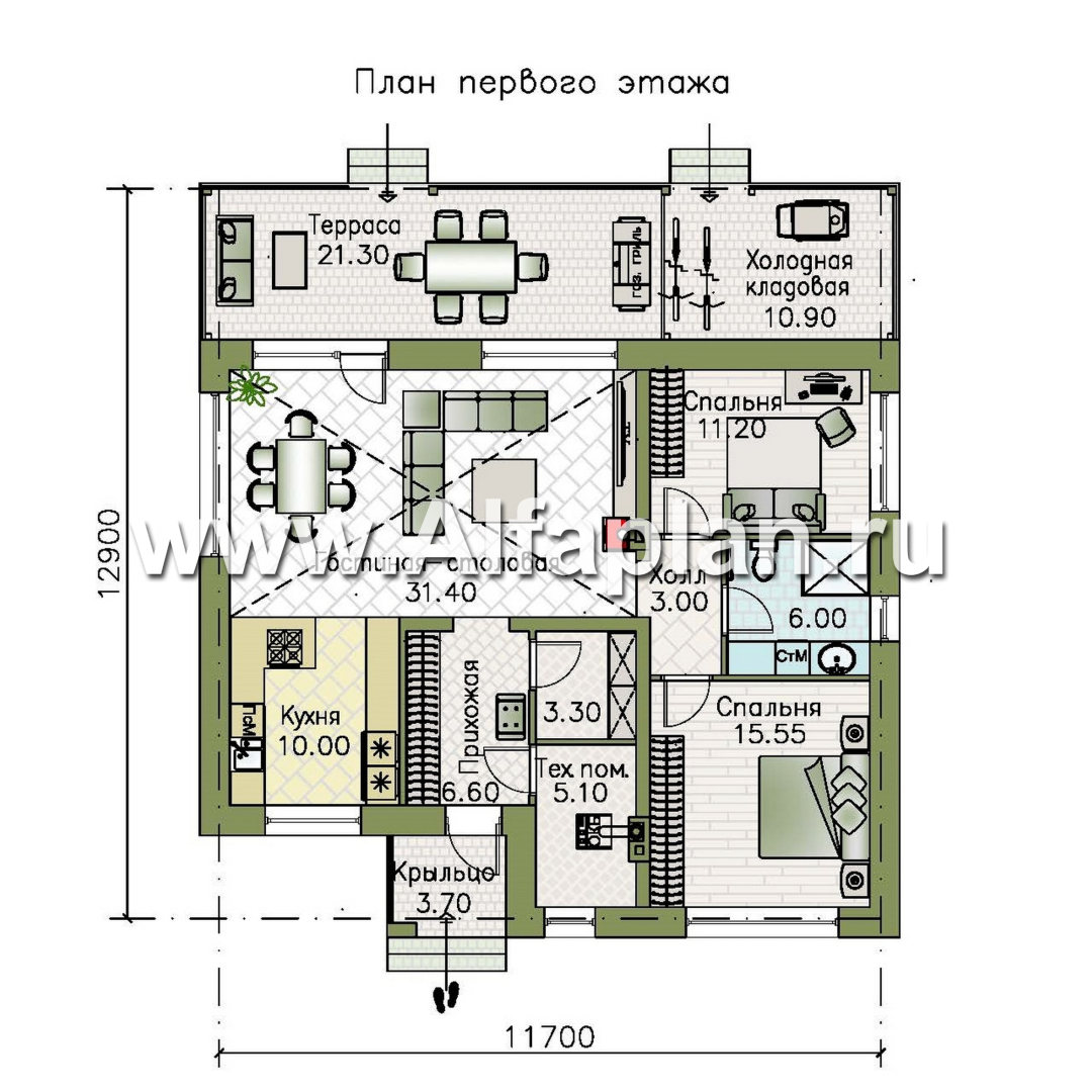 «Перламутр» - проект одноэтажного дома из газобетона, с террасой, 2 спальни - план дома