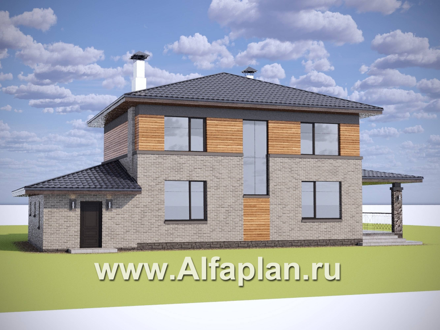 «Триггер роста» - проект двухэтажного дома из блоков, с террасой и вторым светом, с гаражом, в стиле Райта - дизайн дома №2