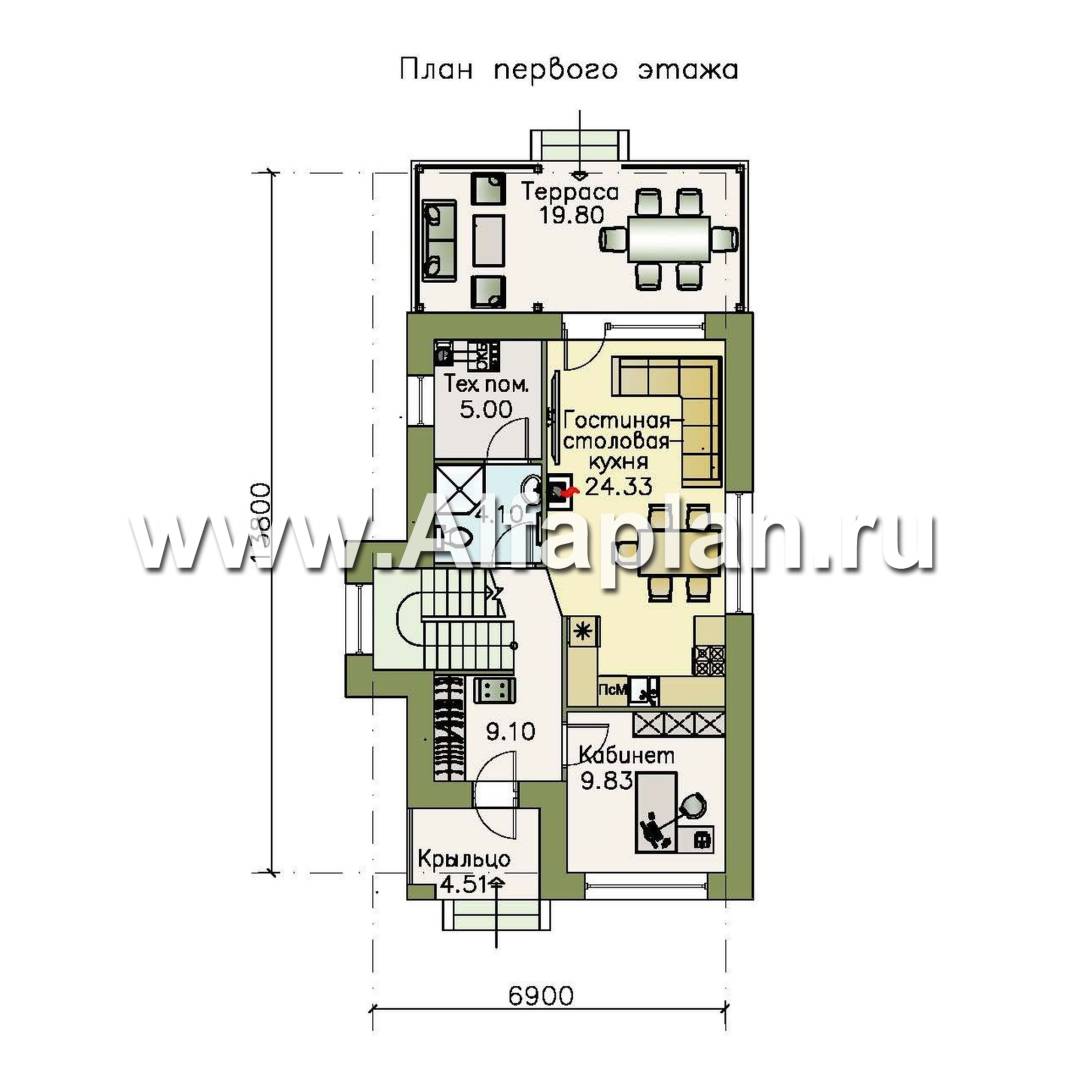 «Арс» - проект двухэтажного дома, с террасой и с балконом,  односкатная крыша, для узкого участка - план дома