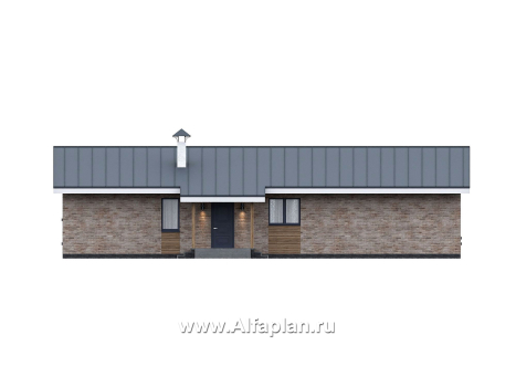 Проекты домов Альфаплан - "Алладин" - проект одноэтажного дома, мастер спальня, с террасой и красивым потолком гостиной со стропилами - превью фасада №2