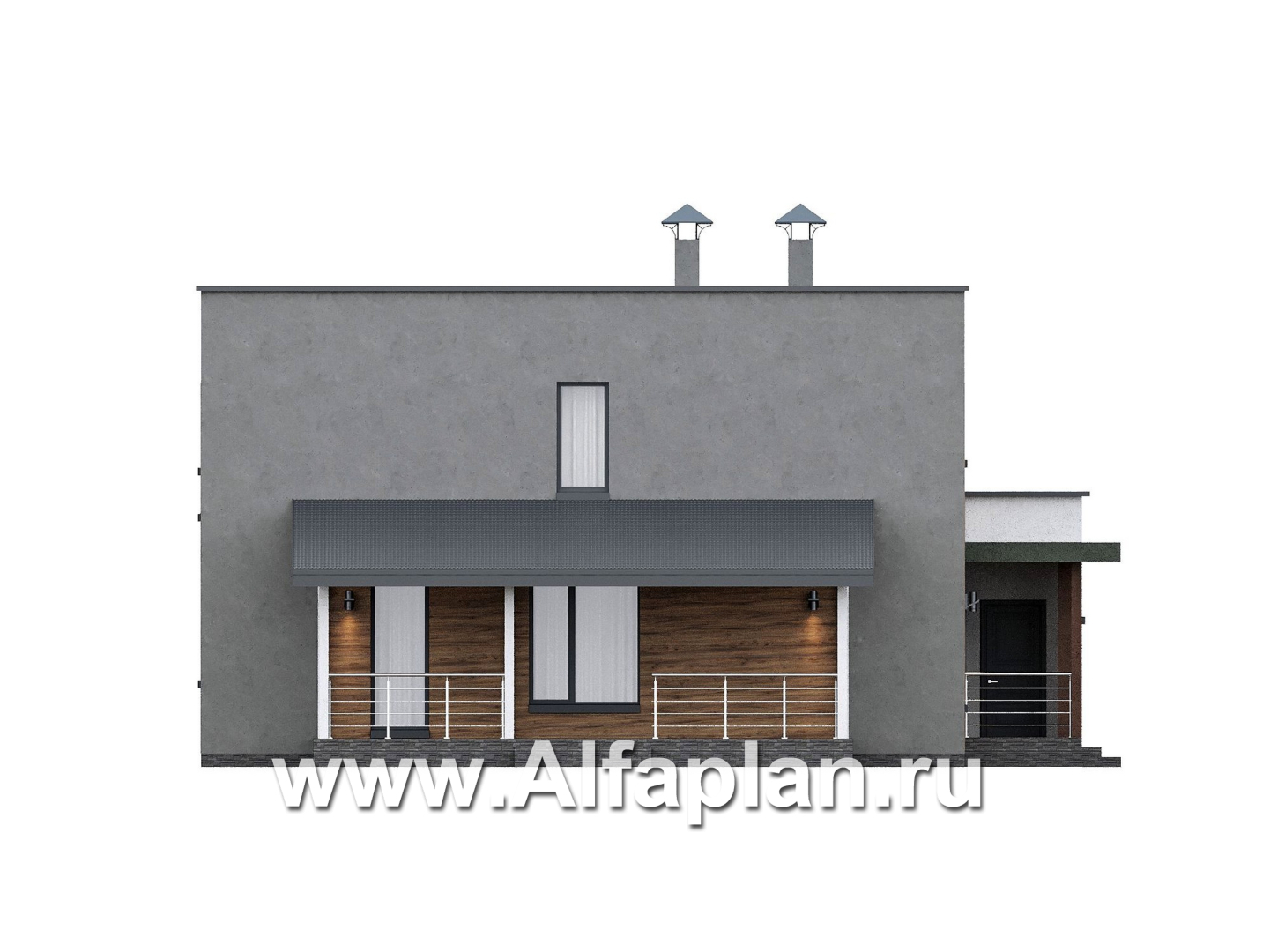 Проекты домов Альфаплан - "Коронадо" - проект дома, 2 этажа, со вторым светом гостиной, с террасой и плоской крышей, в стиле хай-тек - изображение фасада №3