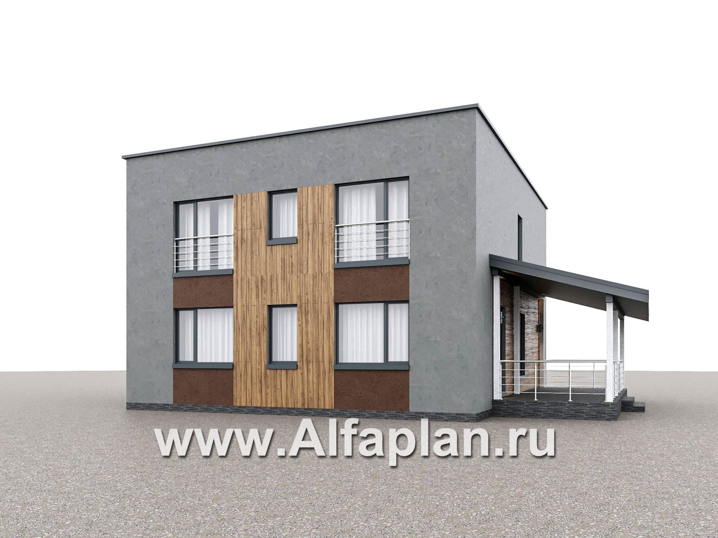 Проекты домов Альфаплан - "Коронадо" - проект дома, 2 этажа, со вторым светом гостиной, с террасой и плоской крышей, в стиле хай-тек - дополнительное изображение №1