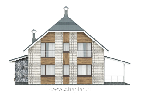 Проекты домов Альфаплан - "Династия" - проект дома с мансардой, с террасой сбоку, мастер спальня - превью фасада №4