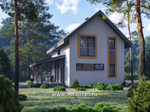 Проекты домов Альфаплан - "Викинг" - проект дома, 2 этажа, с сауной и с террасой сбоку, в скандинавском стиле - превью основного изображения