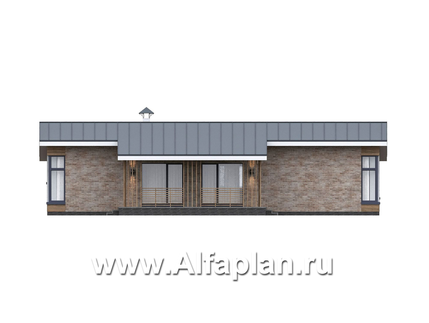 Проекты домов Альфаплан - "Алладин" - проект одноэтажного дома, мастер спальня, с террасой и красивым потолком гостиной со стропилами  - изображение фасада №2