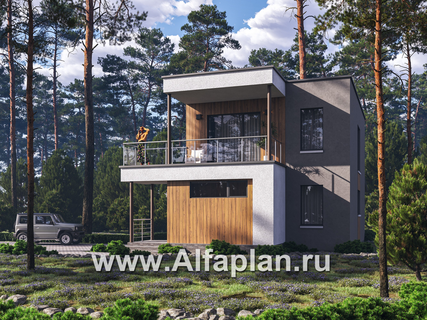 Проекты домов Альфаплан - "Викинг" - проект дома, 2 этажа, с сауной и с террасой, в стиле хай-тек - основное изображение