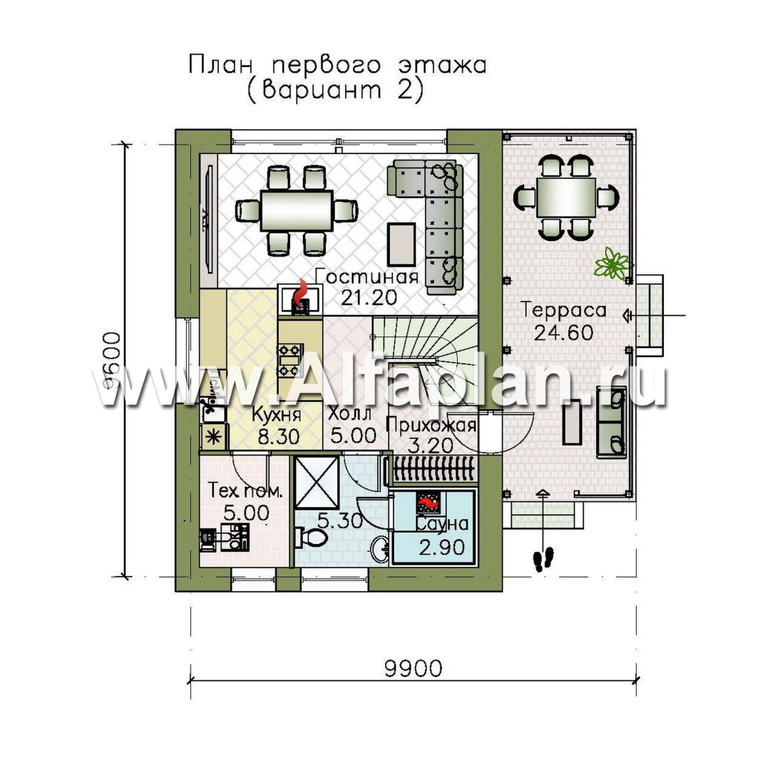 Проекты домов Альфаплан - "Викинг" - проект дома, 2 этажа, с сауной и с террасой сбоку, в скандинавском стиле - план проекта №2