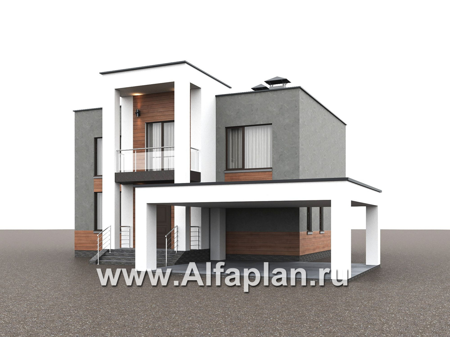 «Вермеер» - проект двухэтажного дома, планировка с мастер спальней, со вторым светом и с террасой, в стиле минимализм с плоской крышей - дизайн дома №2
