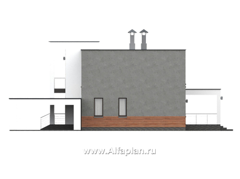 «Вермеер» - проект двухэтажного дома, планировка с мастер спальней, со вторым светом и с террасой, в стиле минимализм с плоской крышей - превью фасада дома