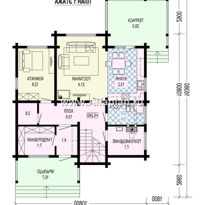 Проект двухэтажного дома из клееного бруса, планировка со спальней на 1 эт, с террасой - превью план дома