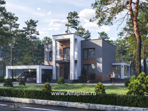 «Вермеер» - проект двухэтажного дома, планировка с мастер спальней, со вторым светом и с террасой, в стиле минимализм с плоской крышей