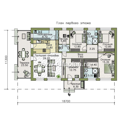 «Золотые поля»- проект одноэтажного дома, планировка мастер спальня и две детских, с террасой и двускатной крышей - превью план дома