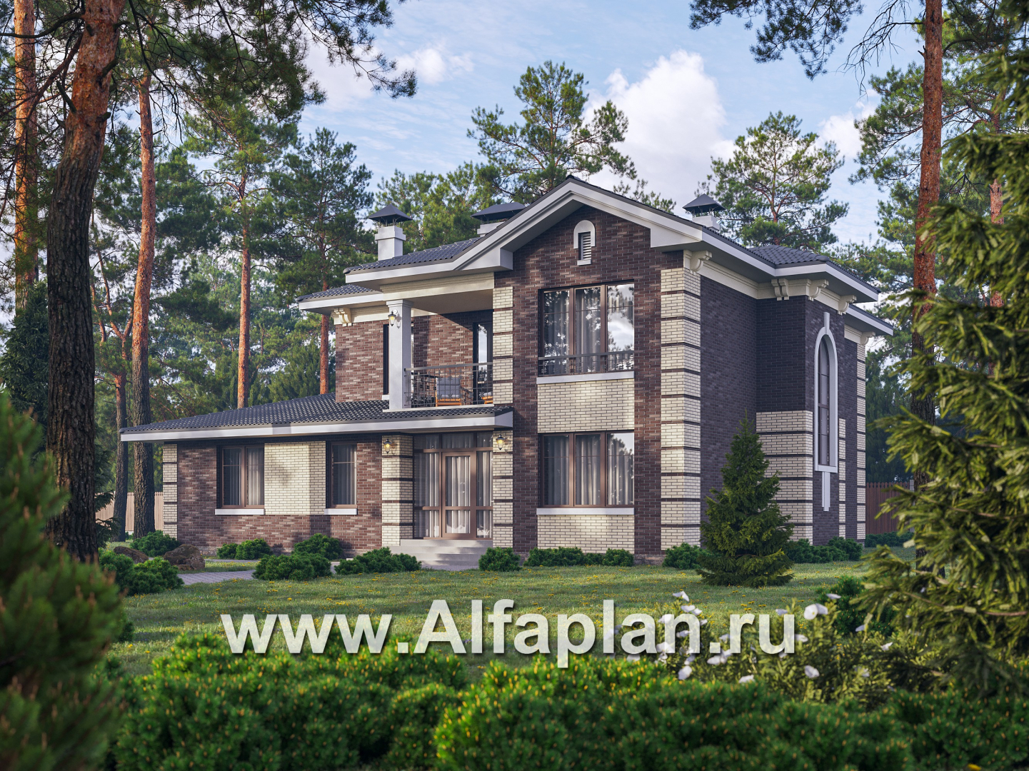 «Репутация» - красивый проект двухэтажного дома из газобетона, планировка с эркером и сауной, в английском стиле - основное изображение