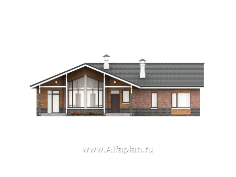 «Рубикон» - проект одноэтажного дома, планировка с панорамным эркером и с просторной террасой, в современном стиле - превью фасада дома