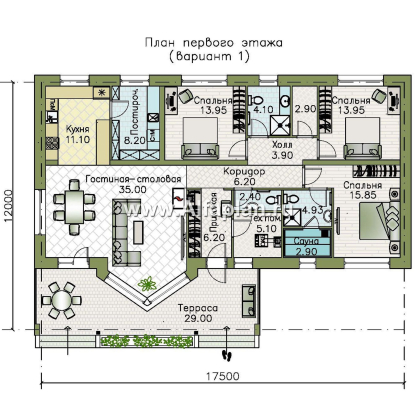 «Рубикон» - проект одноэтажного дома, планировка с панорамным эркером и с просторной террасой, в современном стиле - превью план дома