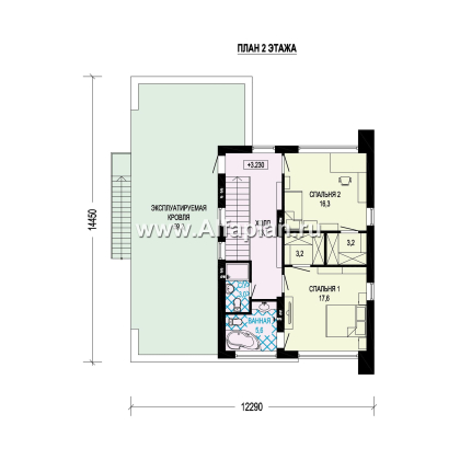 Проект двухэтажного дома, в современном стиле хай-тек, с гаражом и террасой, одномаршевая лестница - превью план дома