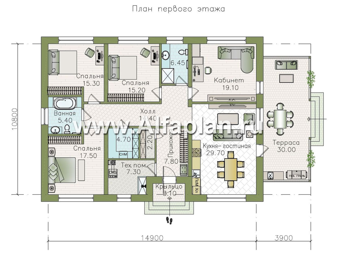«Розенхайм» - проект одноэтажного дома в баварском стиле, планировка кабинет и 3 спальни, с террасой - план дома